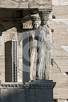 The Porch of the Caryatids in The Erechtheion an ancient Greek temple on the north side of the Acropolis of Athens, Greece