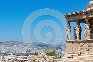 the porch of the Caryatids, The Erechtheum, Acropolis of Athens, Athens, Greece, Europe