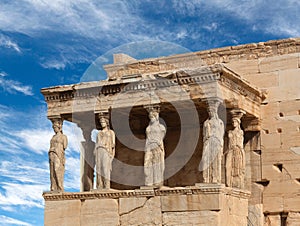 Porch of the Caryatids at famous ancient Erechtheion Greek temple in Athens, Greece