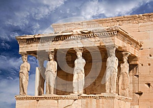 Porch of the Caryatids at famous ancient Erechtheion Greek temple on the north side of the Acropolis of Athens in Greece