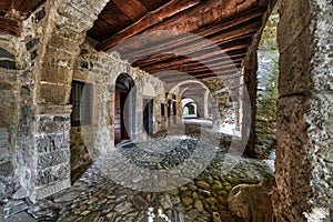 Porch of Cornello dei Tasso. Ancient village of the brembana valley Bergamo Italy