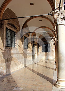 Porch gallery of the Sponza Palace, aka Divona, lined with Corinthian columns, Dubrovnik, Croatia