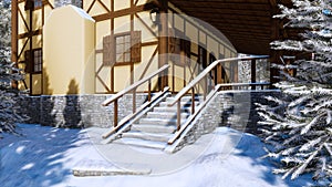 Porch of half-timbered rural house at winter day