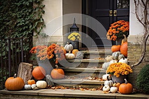 Porch of house, decorated with pumpkins and flowers