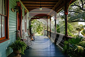The porch of a house with rocking chairs, providing a tranquil space to relax and embrace the beauty of nature, A historical