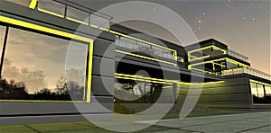 Porch illuminated with yellow colour. Stanning suburban night in ecologicaly clean region. 3d rendering photo