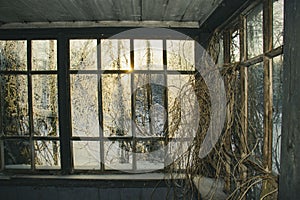 Porch of an old abandoned house in winter with frosted windows