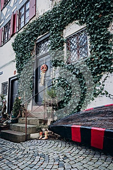 The porch of an old house with steps. The front door is decorated with a wreath. The walls are wrapped in ivy. On the windows bars