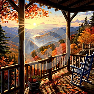 porch overlooking a great autumn landscape, where nature\'s vibrant colors paint a scenic and tranquil picture.