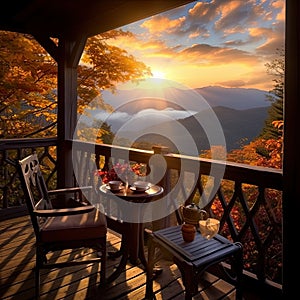 porch overlooking a great autumn landscape, where nature\'s vibrant colors paint a scenic and tranquil picture.