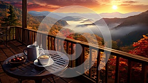 porch overlooking a great autumn landscape, where nature\'s vibrant colors paint a scenic and tranquil picture.