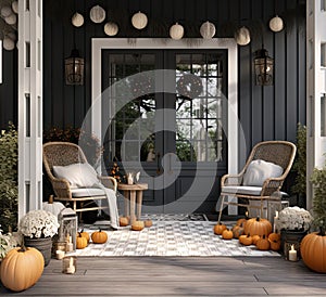 a porch with pumpkins and chairs and a door