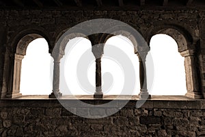 Porch with Stone Columns and Arches Isolated on White Background