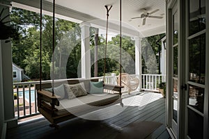 porch swing, with view of backyard and pool, is the perfect place to relax and unwind