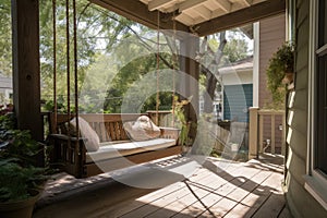 porch swing, with view of backyard and pool, is the perfect place to relax and unwind