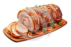 Porchetta with some cut pieces, tomato slices and parsley on a wooden table with cutout PNG transparent background