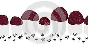 Porcini mushroom seamless border. Repeating horizontal pattern with edible mushrooms. Nature food forest background for food