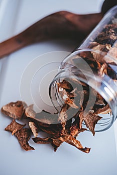 Porcini mushrooms in a glass jar on a white background