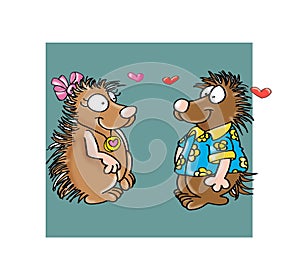 Porcupines in love colored illustration humorist button or icon for website photo
