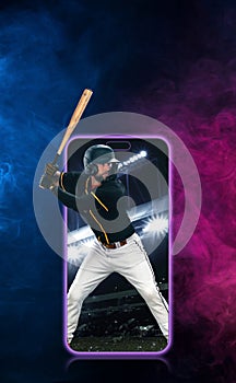 Porfessional baseball player with ball on grand arena. Ballplayer on stadium in action. Blank copy space for text.