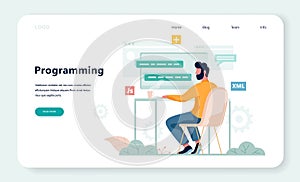 Porgrammer sitting at desk. Web developer workplace. Software programming