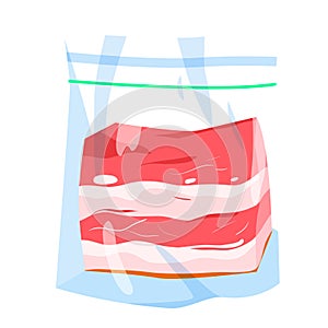 Pork belly in plastic package with zipper, top view of bacon packaging, clear bag