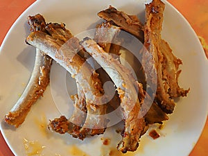 Pork bones leftover from steak BBQ pork spare ribs after finished dish