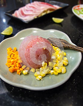 Pork Bounce with Carrot, Corn, Cooking wooden paddles On the plate / thai style