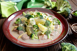 Pork with broccoli, ginger root and boiled potatoes