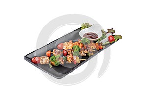 Pork, chicken, shrimp, grilled and vegetables isolated on white background, bbq pork, chicken, shrimp