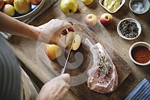 Pork chop with apples food photography recipe idea photo