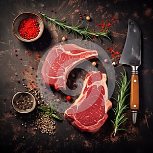 Pork chop steaks with oil and spices for grill or cooking on rustic metal background.