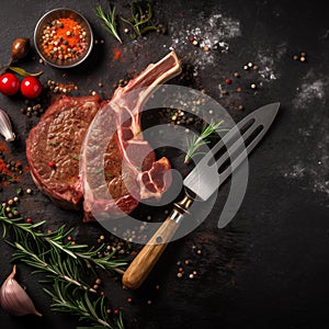 Pork chop steaks with oil and spices for grill or cooking on rustic metal background.