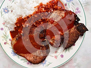 Pork Chops With Chile Guajillo Sauce and White Rice