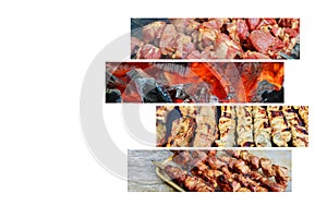 Pork Chops with Kabobs on the BBQ Grilled vegetable and meat skewers Kebabs on the grill Collage of various meat products