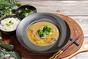 Pork Curry Rice on wooden background Table decoration