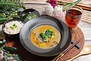 Pork Curry Rice on wooden background Table decoration