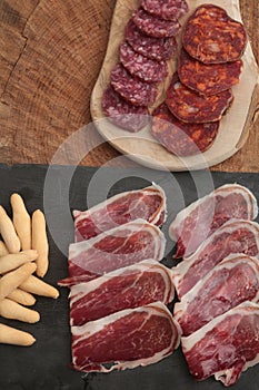 pork delicatessen food as spanish tapas