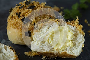 Pork Floss bread with cream stuffing close up. Chinese classical bakery Pork Sung Buns