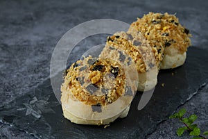 Pork Floss bread with cream stuffing close up. Chinese classical bakery Pork Sung Buns