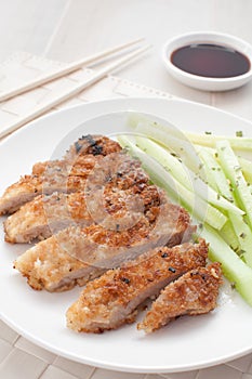 Pork fried in breadcrumbs with cucumber photo