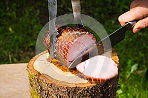 Pork ham baked on bbq