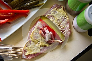 Pork ham rolls with cucumber, paprika, homemade