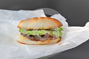 Pork hamburger on a white plate.