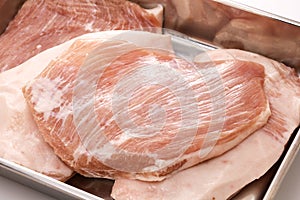 pork jowl meat in a butcher tray