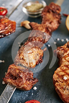 Pork Kebab Barbecue Shashlik on a Skewer Close Up
