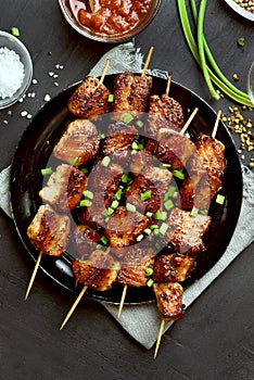 Pork kebabs, bbq meat, top view