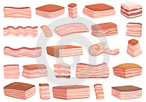 Pork lard icons set cartoon . Bacon meat