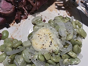 Pork loin dinner with lima beans and butter.