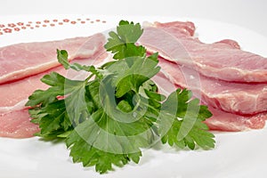 Pork loins with fresh parsley on a white dish